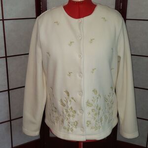 Basic Editions Cream Gold Stitched Floral Button Up Fleece Sweater